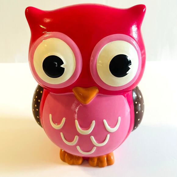 Porcelain/Ceramic Owl Coin Piggy Bank Pink Brown Big Eyes 8" Tall 6"‎ Wide - Picture 1 of 10